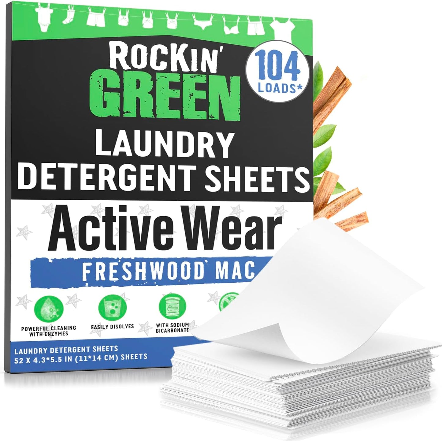 Rockin' Green Active Wear Travel Laundry Detergent Sheets - Mess-Free Laundry Sheet Detergent with Sodium Bicarbonate - Easily Dissolvable Laundry Soap Sheets (104 Loads, Freshwood Mac)