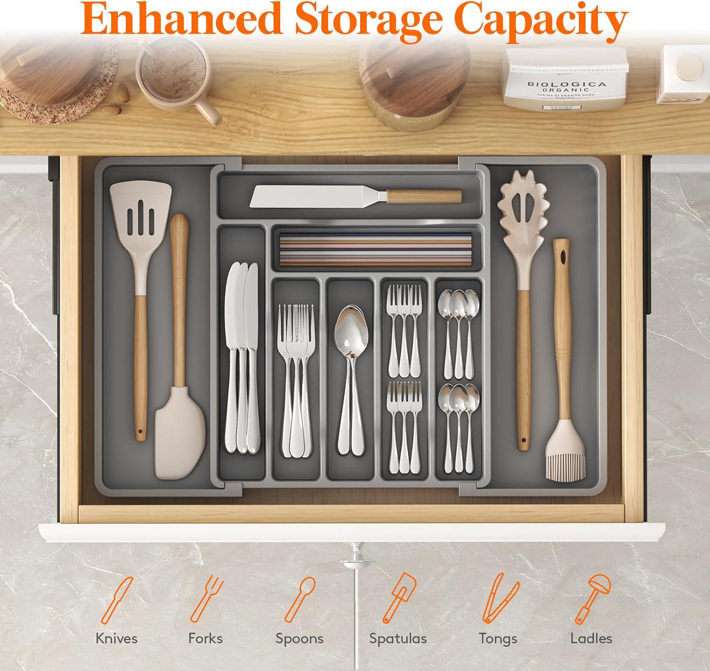 Lifewit Silverware Drawer Organizer, Expandable Utensil Organizer for Kitchen Drawers, Adjustable Cutlery and Flatware Tray, Plastic Spoons Forks Knives Holder Storage Dividers, Large, Gray