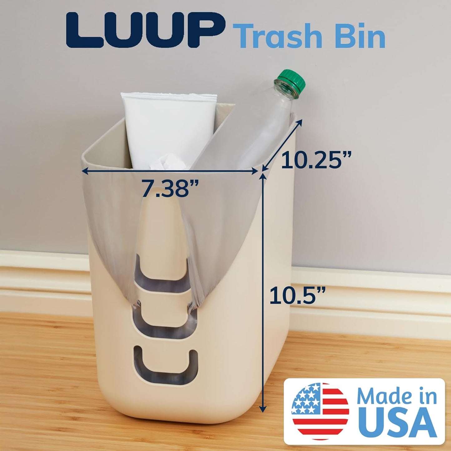 STORi Luup Bathroom Wastebasket, Secure Grocery Bags, Plastic Garbage Container for Vanity, Laundry Room, Kitchen, Office, 2.5 Gallon, Beige, Made in USA