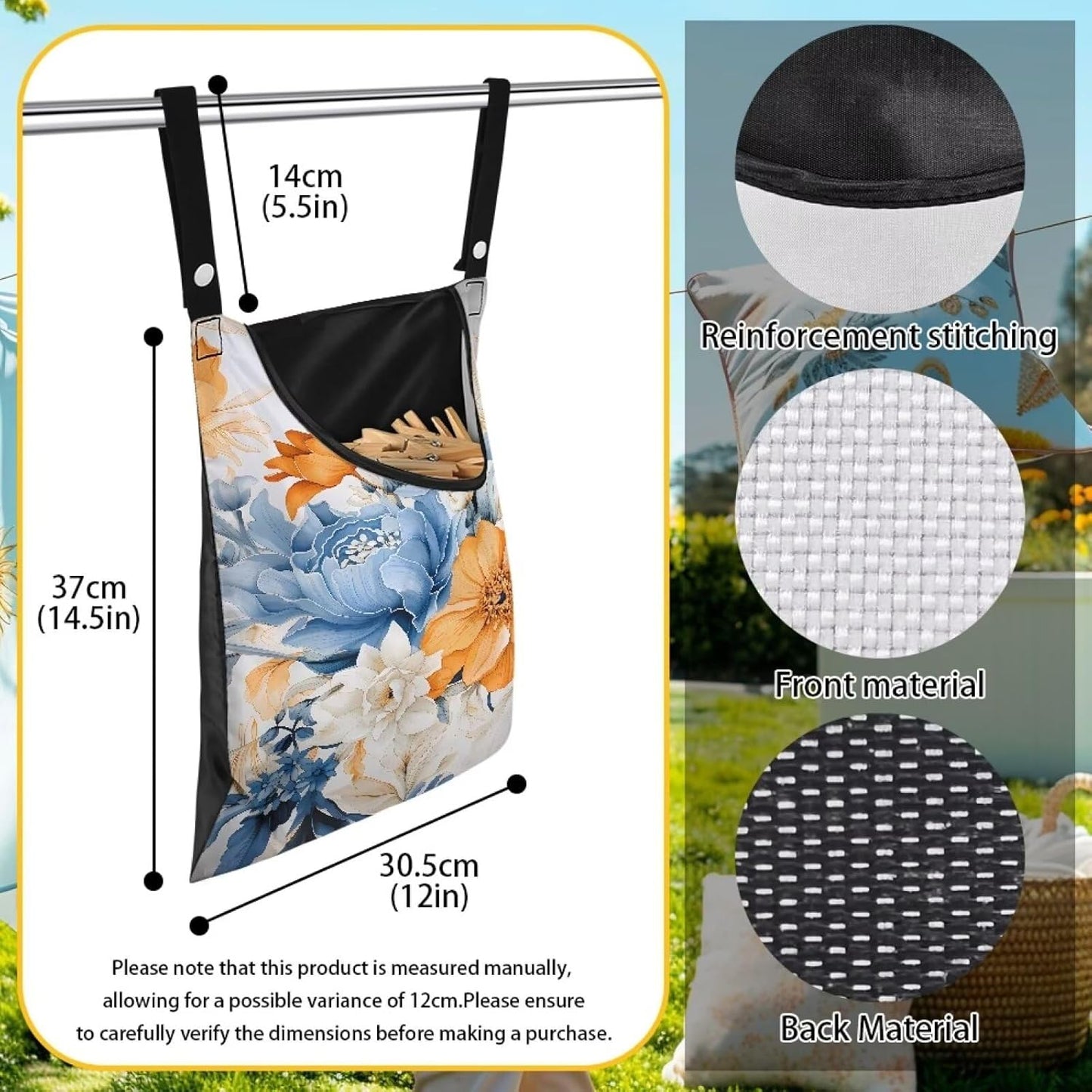 Art Flowers Clothespin Bag with Hanging Hook Summer Laundry Clothes Pin Holders Waterproof Clothes Pin Hanging Bag Clothespin Storage Organizer with Large Opening