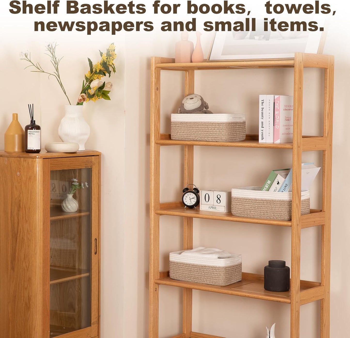 3 Pack Small Storage Baskets for Organizing, Cute Woven Decorative Gift Baskets for Shelves, Mini Closet Organizer Bins with Handles-13''Lx8.66''Wx5.11''H-Brown and White