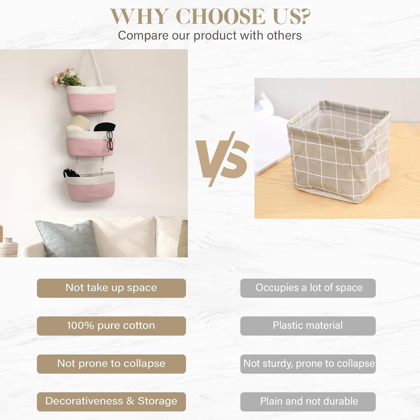 TeoKJ Over the Door Organizer, 3-Tier Woven Cotton Hanging Kitchen Baskets Storage Organizer Bag with Hooks Wall-Mounted Decorative Rope Baskets - Pink+White