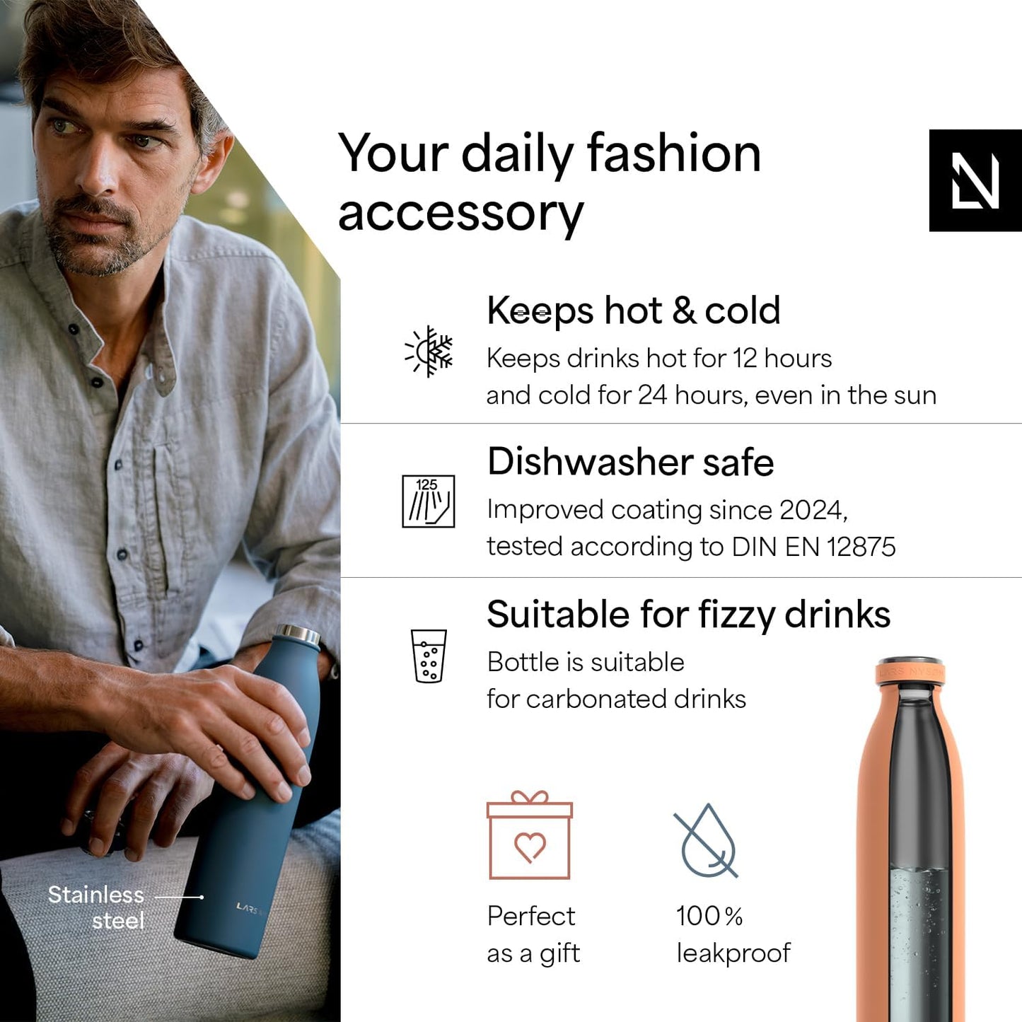 LARS NYSØM Stainless Steel Insulated Water Bottle 12oz 17oz 25oz 34oz 51oz | Insulated Thermo Flask for Hot and Cold Beverages | Leakproof Drinking Bottle (Pumpkin Orange, 33.9 oz)