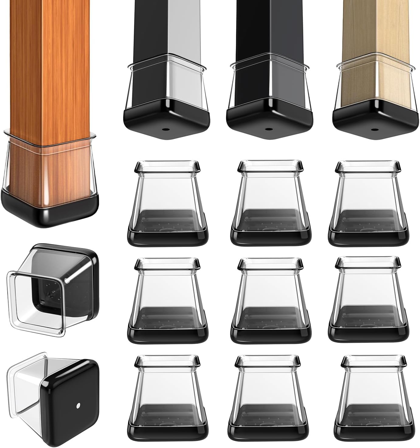 2024 New Chair Leg Floor Protectors Furniture Sliders for Hardwood Floors and Carpet Silicone Non Slip Reduce Noise 28 Pcs Clear Square XL Fit:1-1/2" ~ 1-3/4"