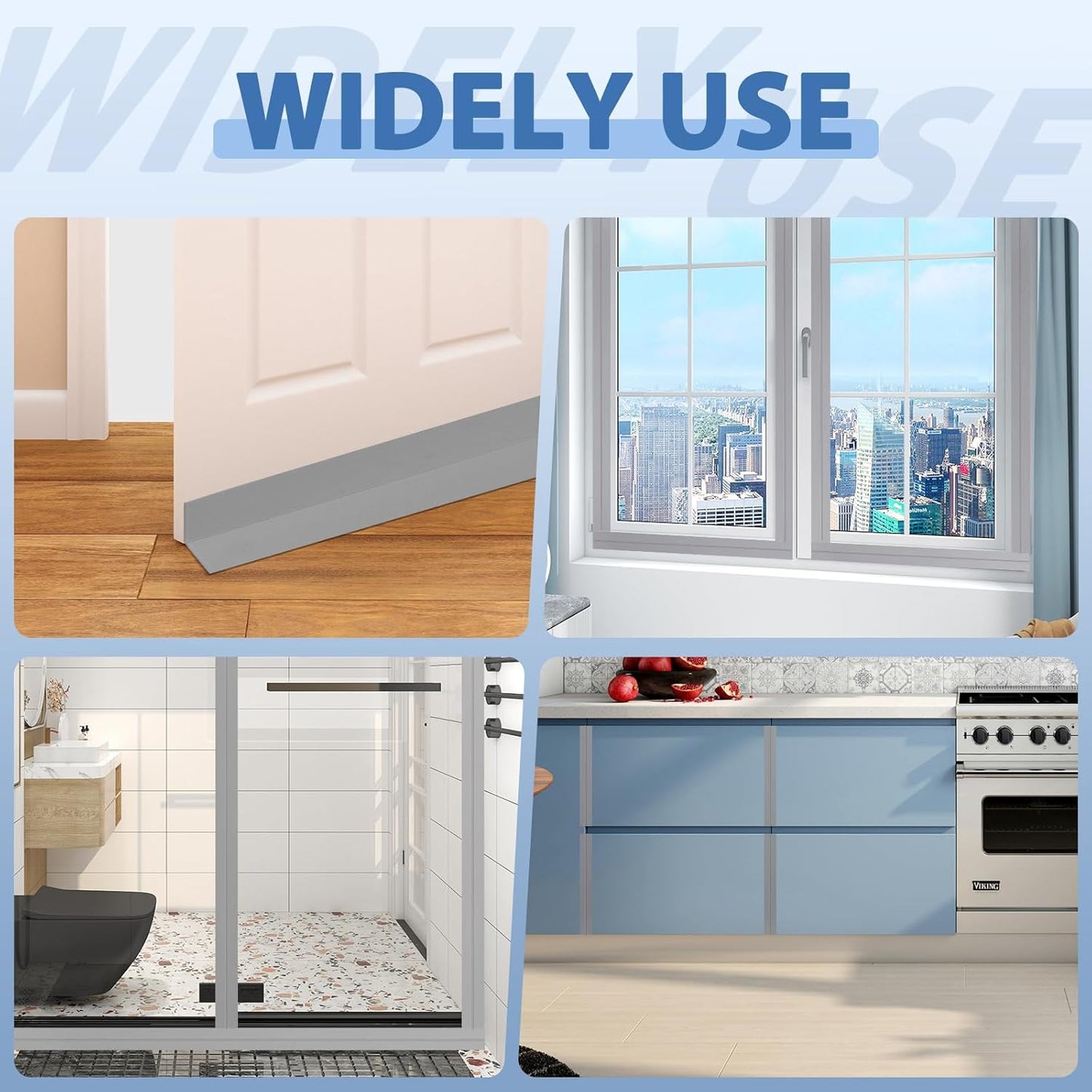 Weather Stripping Door Draft Stopper Flexible Self Adhesive Silicone Door Seal Strip for Glass Doors Windows and Shower Glass Gaps, 2 Inch Wide X 10 Feet Long, Gray