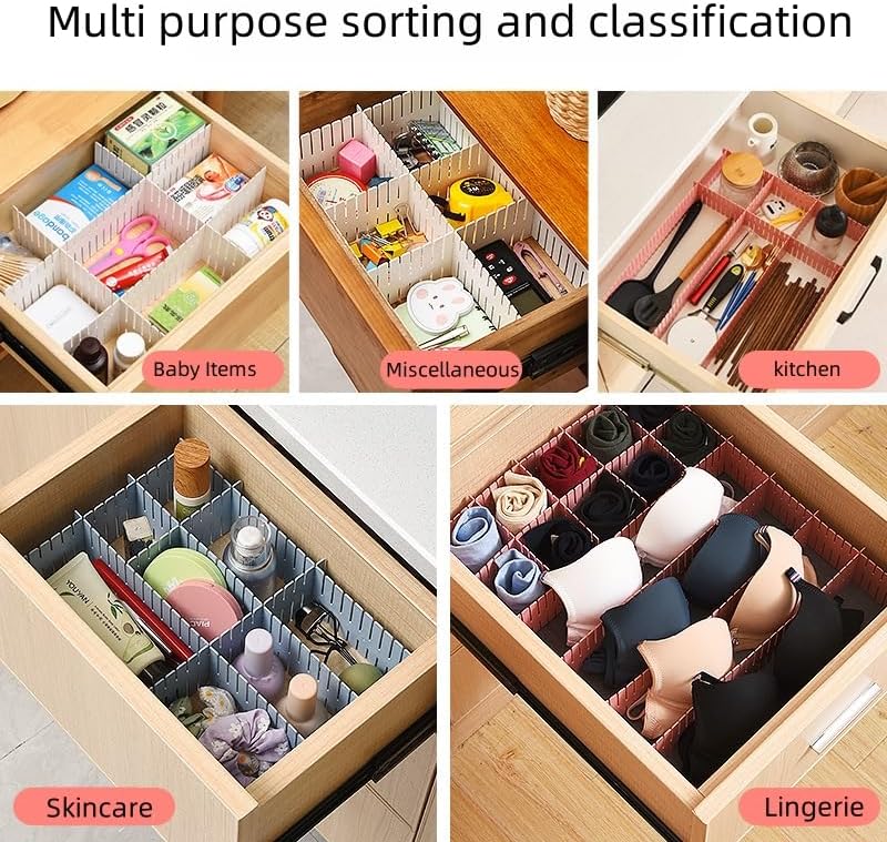 Adjustable Drawer Divider Kit – 8 Pack (White + Pink) – DIY Expandable Drawer Organizer for Dresser, Kitchen, Bathroom