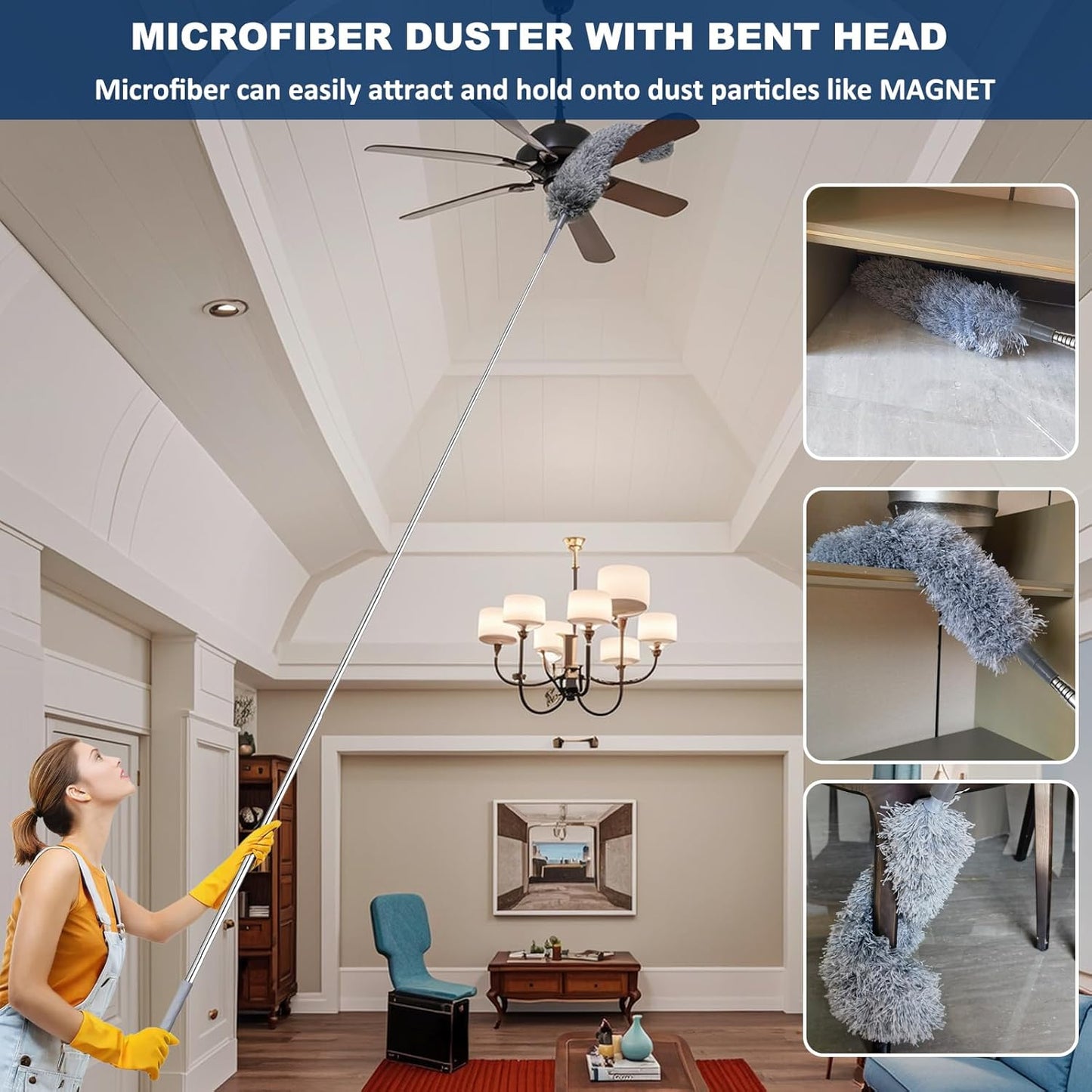 100 Inch Retractable Gap Dust Cleaner Cleaning Tools & Microfiber Feather Duster Washable and Retractable Duster Brush for Cleaning Under Appliances Furniture Ceiling Fan Dust and Cobweb Cleaner