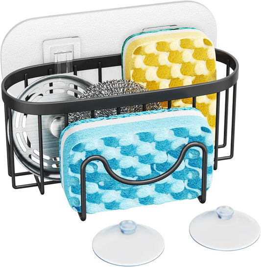 HapiRm Multifunctional Sponge Holder with Unique M-Shaped, 2 Installation Methods Kitchen Sink Caddy Organizer, Rustproof Stainless Steel Sponge Caddy for Brush, Sink Stopper and Scraper -Black