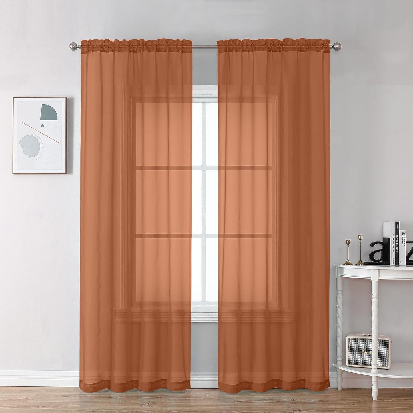Chyhomenyc Orange Sheer Curtains 72 Inch Length 2 Panels, Light Filtering Soft Airy Rod Pocket Voile Window Curtain Drapes for French Door Bedroom Living Room, Each 42Wx72L Inches