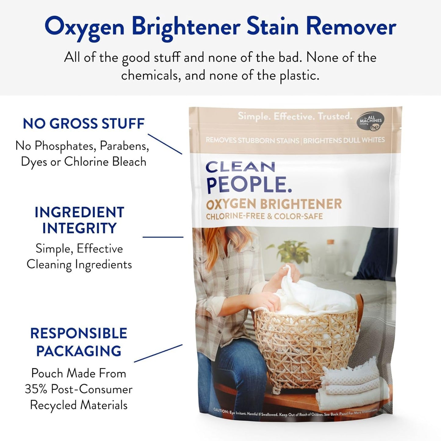 The Clean People Oxygen Brightener Stain Remover | Bleach Alternative, Simple Ingredients, Brightens Dull Whites AND Colors | 41 oz