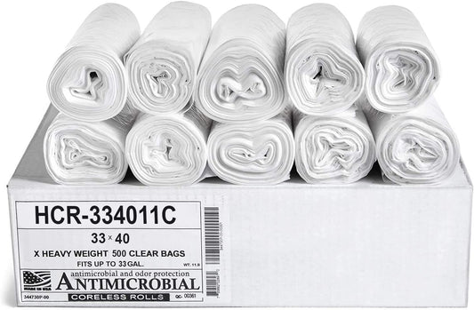 Aluf Plastics High Density Trash Bags, 33 Gallon, 500 Count, 11 Micron (eq), 33" x 40", Clear, for Bathroom, Office, Industrial, Commercial, Janitorial, Municipal, Recycling