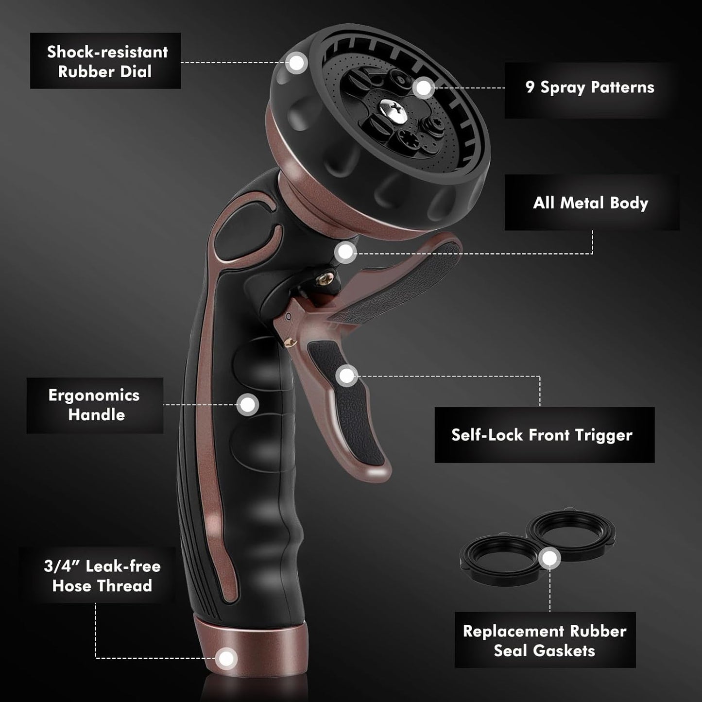 RESTMO Hose Nozzle with Easy Self-Lock Trigger, Heavy Duty Metal Water Hose Sprayer with 9 Spray Patterns and On/Off Valve, Ideal for Outdoor Lawn & Garden Watering, Car & Pet Washing, Brown