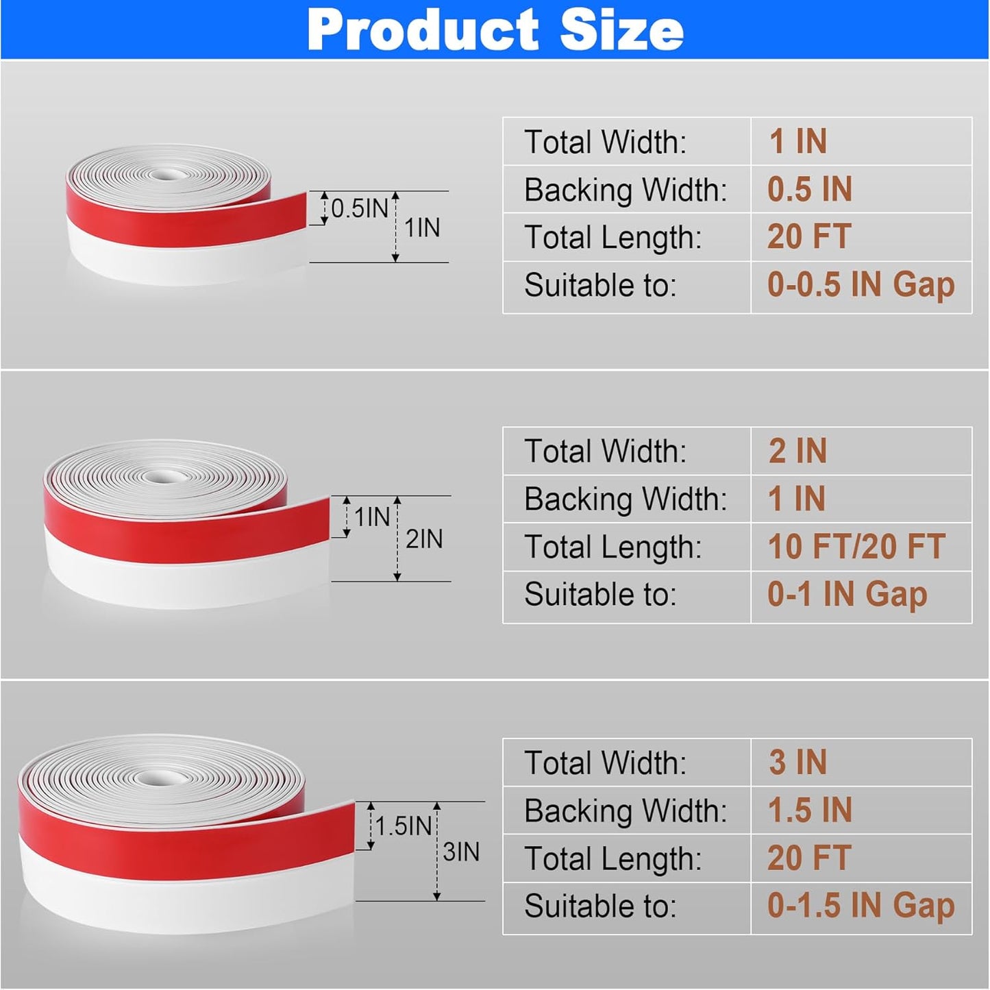 ToLanbbt Weather Stripping Silicone Door Seal Strip 2 in x 20 ft Door Draft Stopper Self Adhesive Door Draft Tape, Side & Bottom Gaps Insulation Strip for Glass Shower Door Sliding Door Window, White