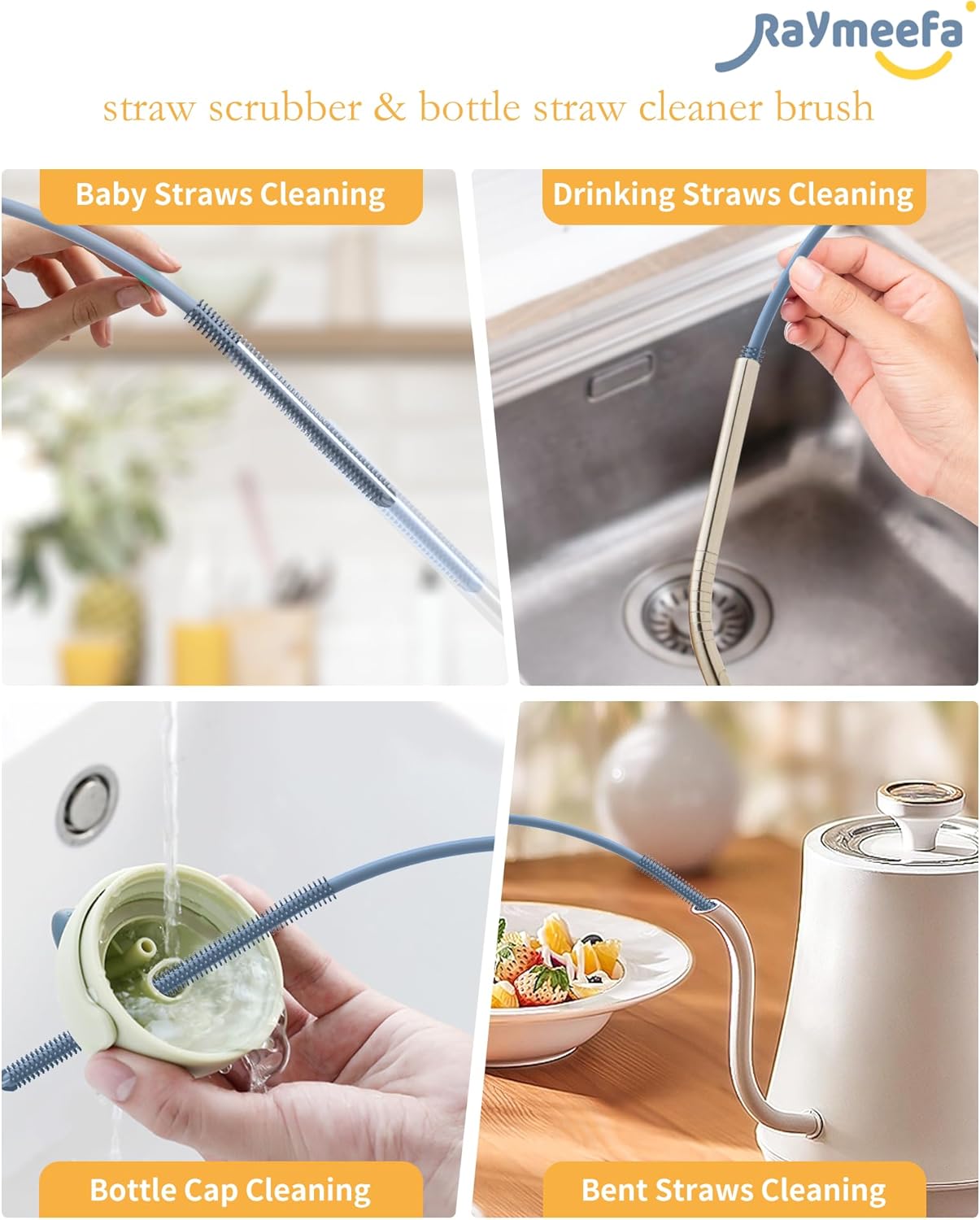 Extra Long Straw Cleaner Brush,Reusable and Soft Silicone Straw Cleaning Brush to Clean Crevice(Blue)