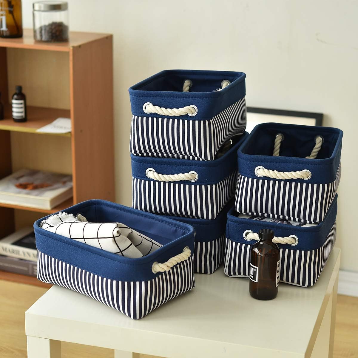 TcaFmac Small Storage Baskets [6 Pack] - Navy Blue Rectangular Storage Bins with Blue Stripes