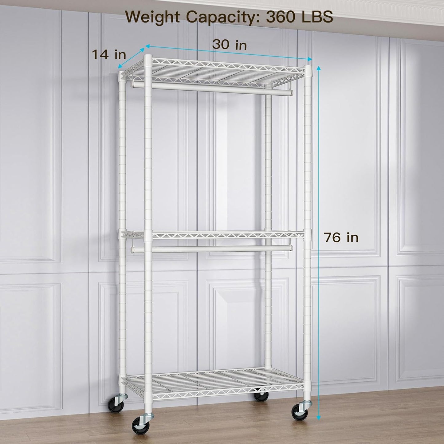 FUTASSI P1 Medium Heavy-Duty Portable Closet, 30" W x 14" D x 76" H, Metal Rolling Clothing Rack, White