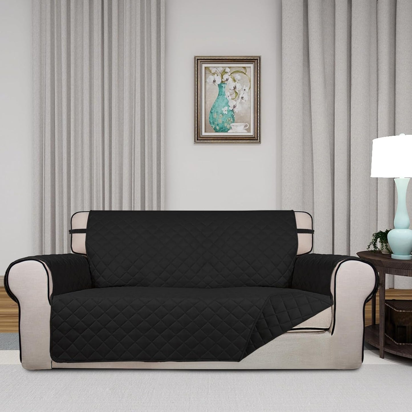 PureFit Reversible Quilted Sofa Cover, Water Resistant Slipcover Furniture Protector, Washable Couch Cover with Non Slip and Elastic Straps for Kids, Dogs, Pets (Oversized Loveseat, Black/Black)