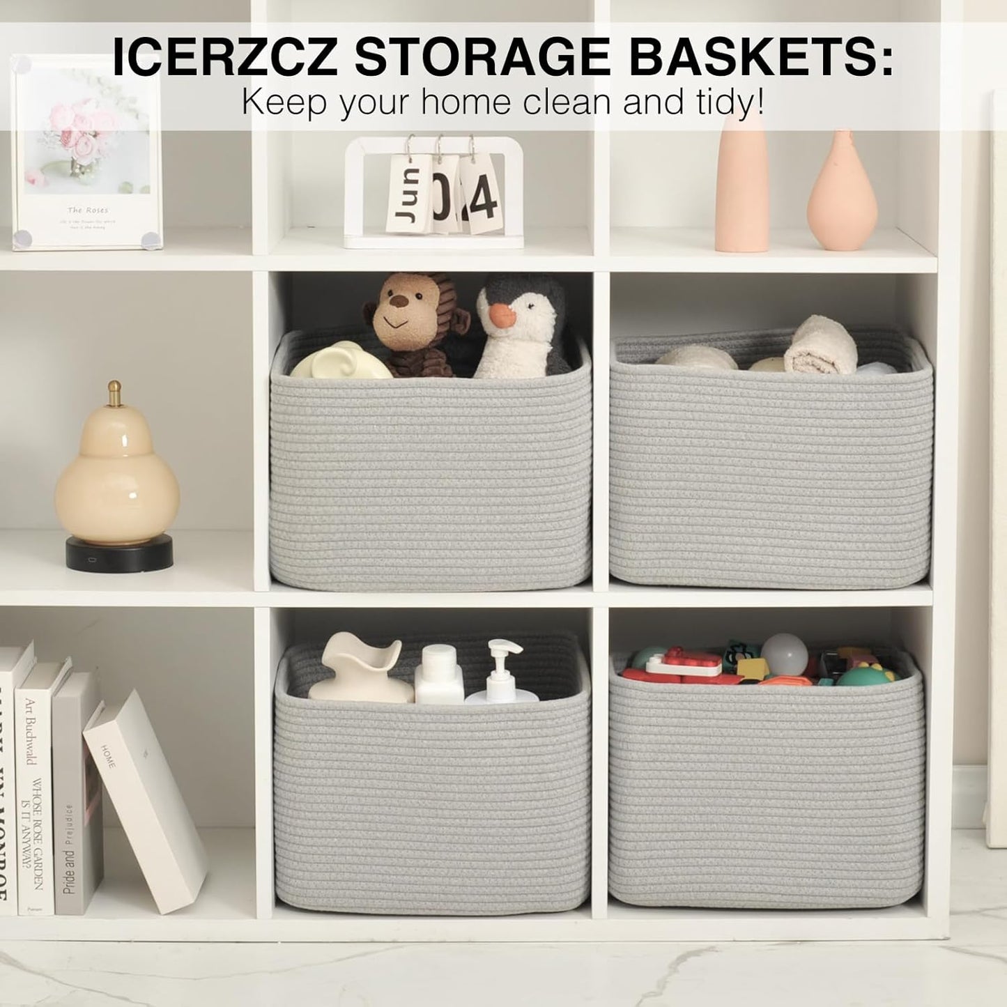 Storage Baskets for Organizing & Shelves, Woven Cotton Rope Organization Bins for Dog Toys, Clothes, Books, Nursery Organizer, 15" Lx11 Wx9.5 H, (4 Packs) Grey