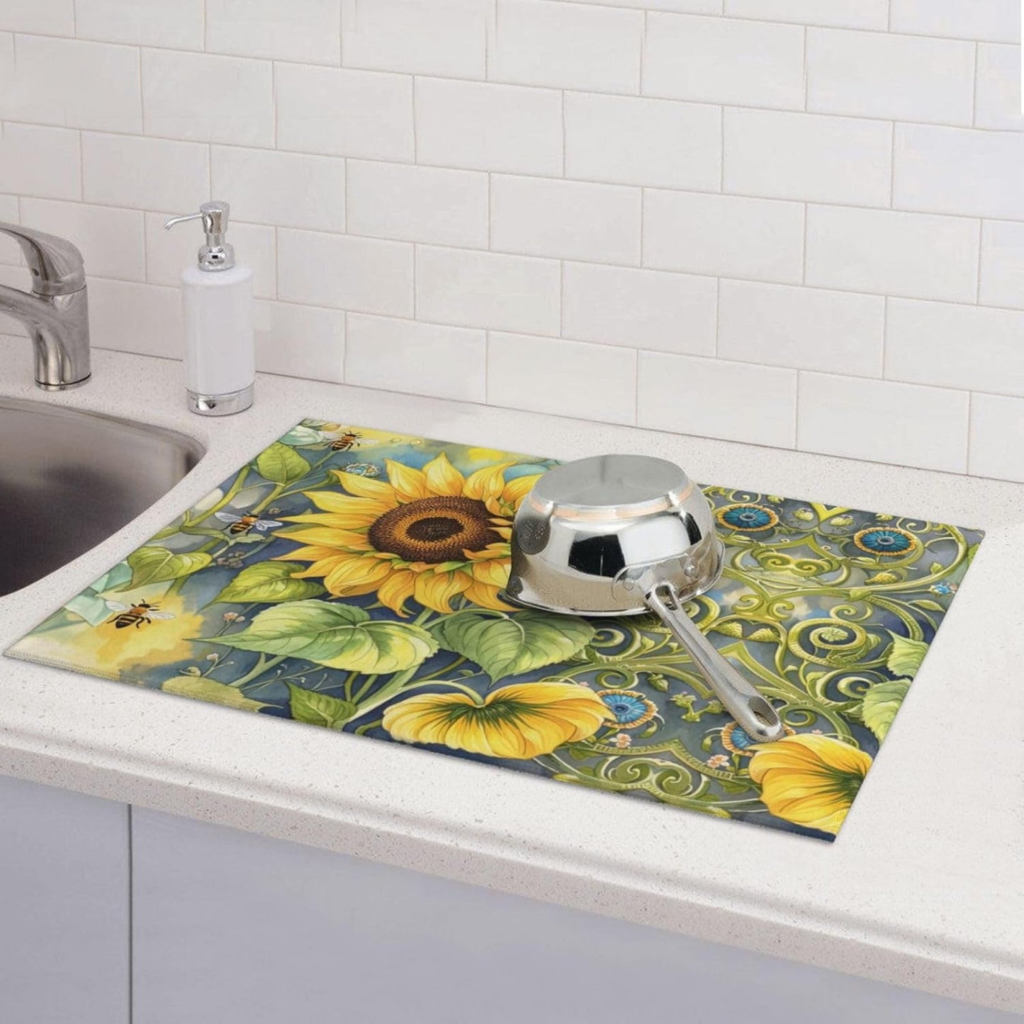 Sunflower Bee Dish Drying Mat Highly Absorbent Double-Sided Microfiber with Hanging Loop Reversible Drain Dish Rack Mat Drain Mat Suitable for Kitchen Countertop Coffee Bar 18 x 24 Inch