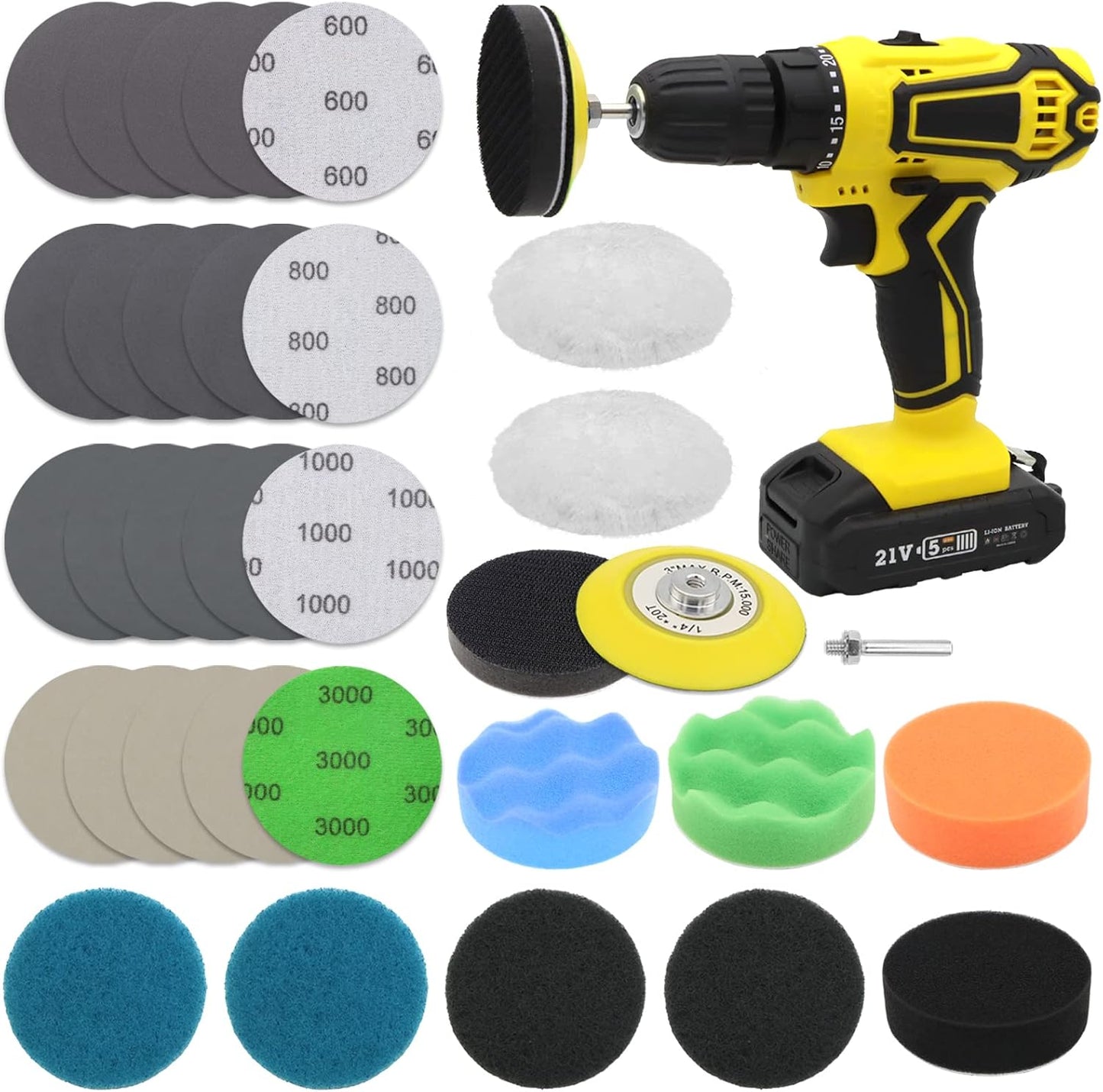 VIBRATITE Car Headlight Restoration Kit, 3 Inch Car Polishing Sanding Discs with 1/4 Inch Shank Backing Pad, Scouring Pads, Buffing Sponge Pads, Soft Interface Pad, Woolen Buffer Pads, 32PCS