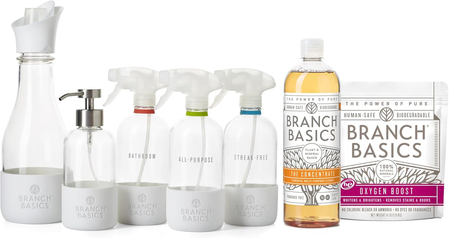Branch Basics Premium Starter Kit in Glass: All Purpose Cleaner, Glass Cleaner, Bathroom Cleaner, Wash Bottle, and Laundry Bottle (3 Glass Spray Bottles + Concentrate) Fragrance-Free