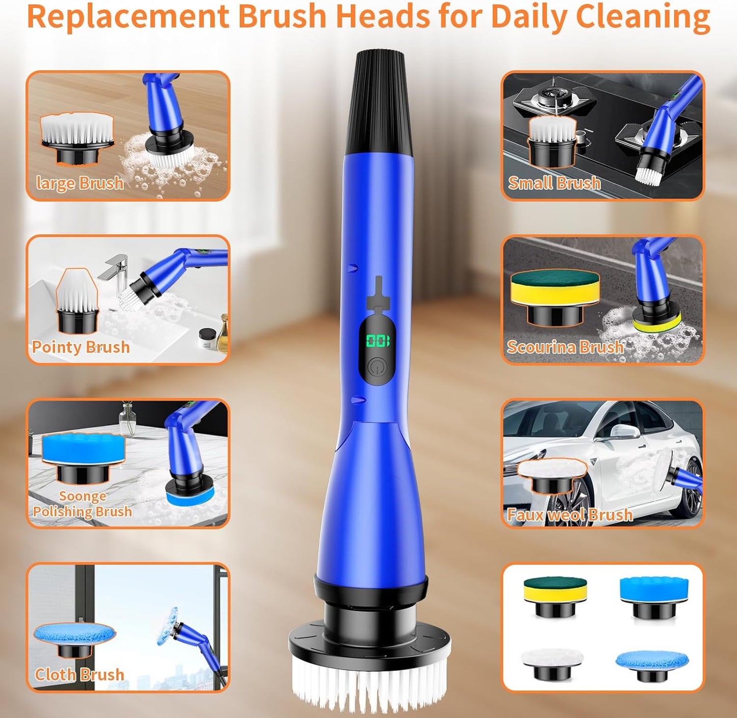 11 in 1 Electric Spin Scrubber Cordless Cleaning Brush 3 Adjustable Angles 2 Adjustable Speeds LED Display Shower Cleaner Brush Supplies Extension Long Handle for Bathroom Floor Tile Toilet Waterproof