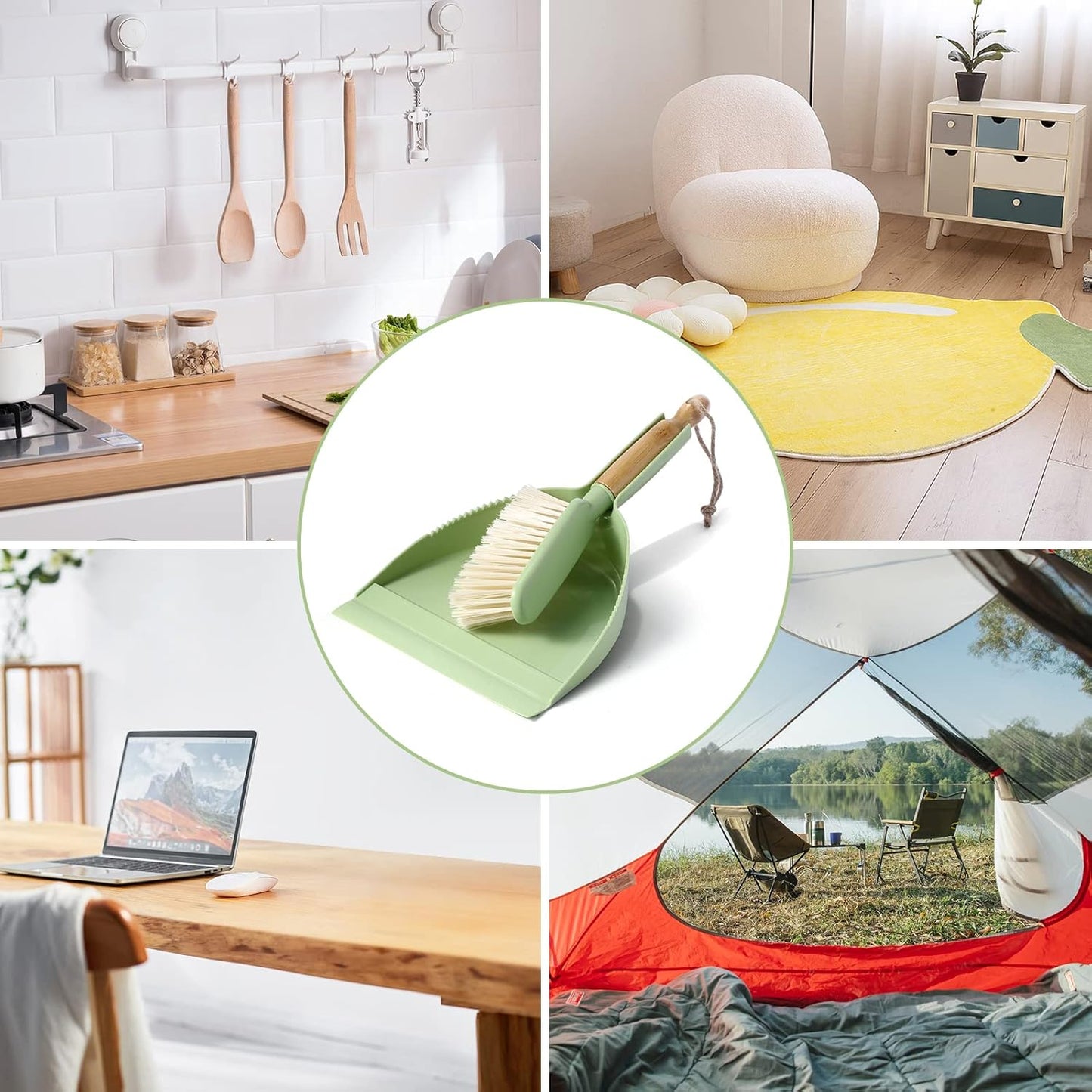 Dust Pan and Brush Set - Small Dustpan and Brush Set, Handheld Broom and Dustpan Set, Brush and Dust Pan Set for Car, Pet Care, Office, 14 x 8.7 inch, Green