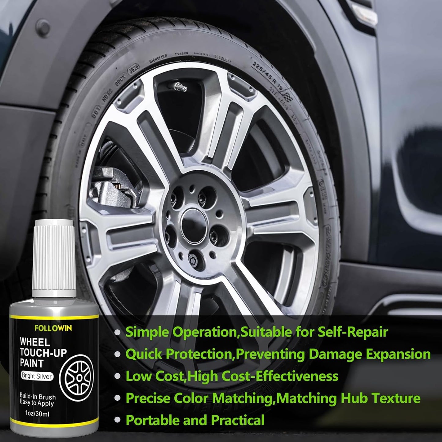 FOLLOWIN Silver Rim Touch Up Paint for Cars,Car Paint Scratch Repair Rim Curb Rash,1OZ(30ml)