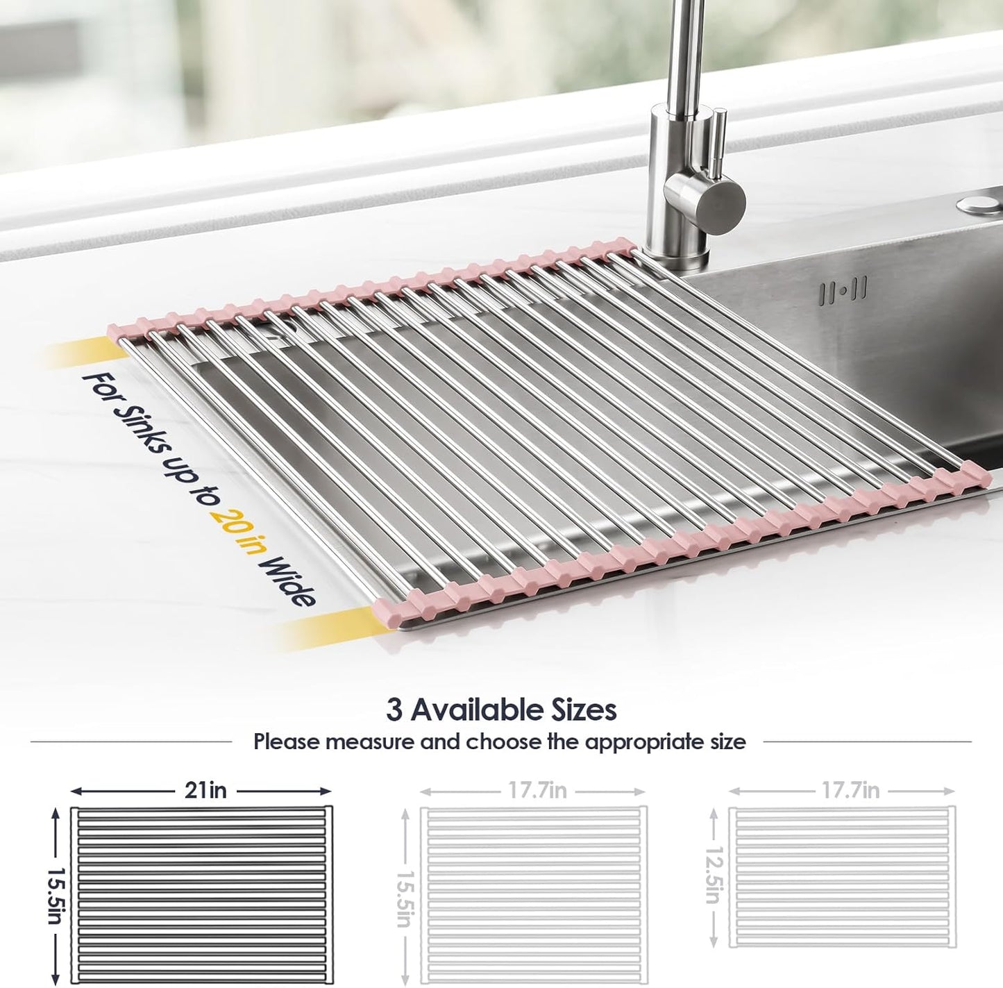 Tomorotec 21" x 15.5" Roll Up Dish Drying Rack Over Sink Drying Rack Sink Cover Kitchen Sink Accessories Gadget Multipurpose Organizer Foldable Stainless Steel Drainer