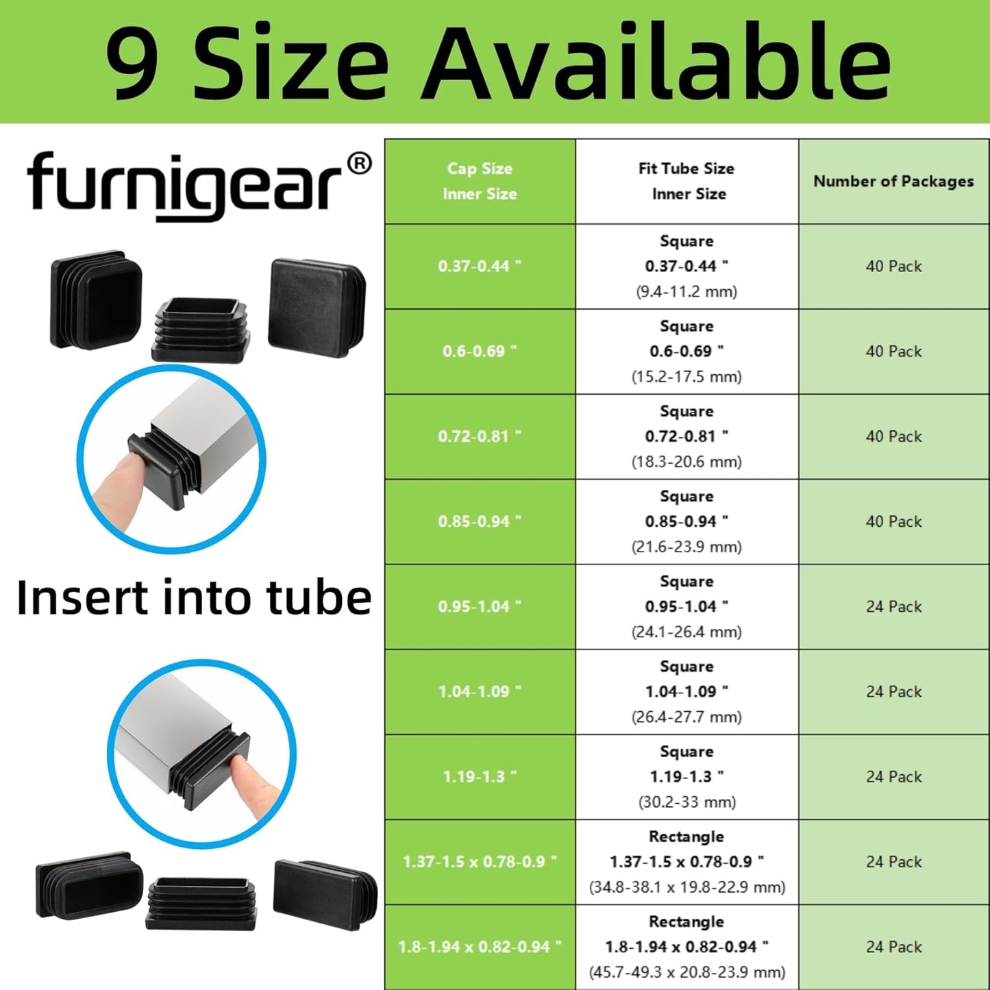 Furnigear Plastic Plugs Tubing End Cap Chair End Caps Outside Bottom Tubing Caps Square Furniture Sliders Glides Black (40, Fit 0.85-0.94" Square Tube Inner Size)