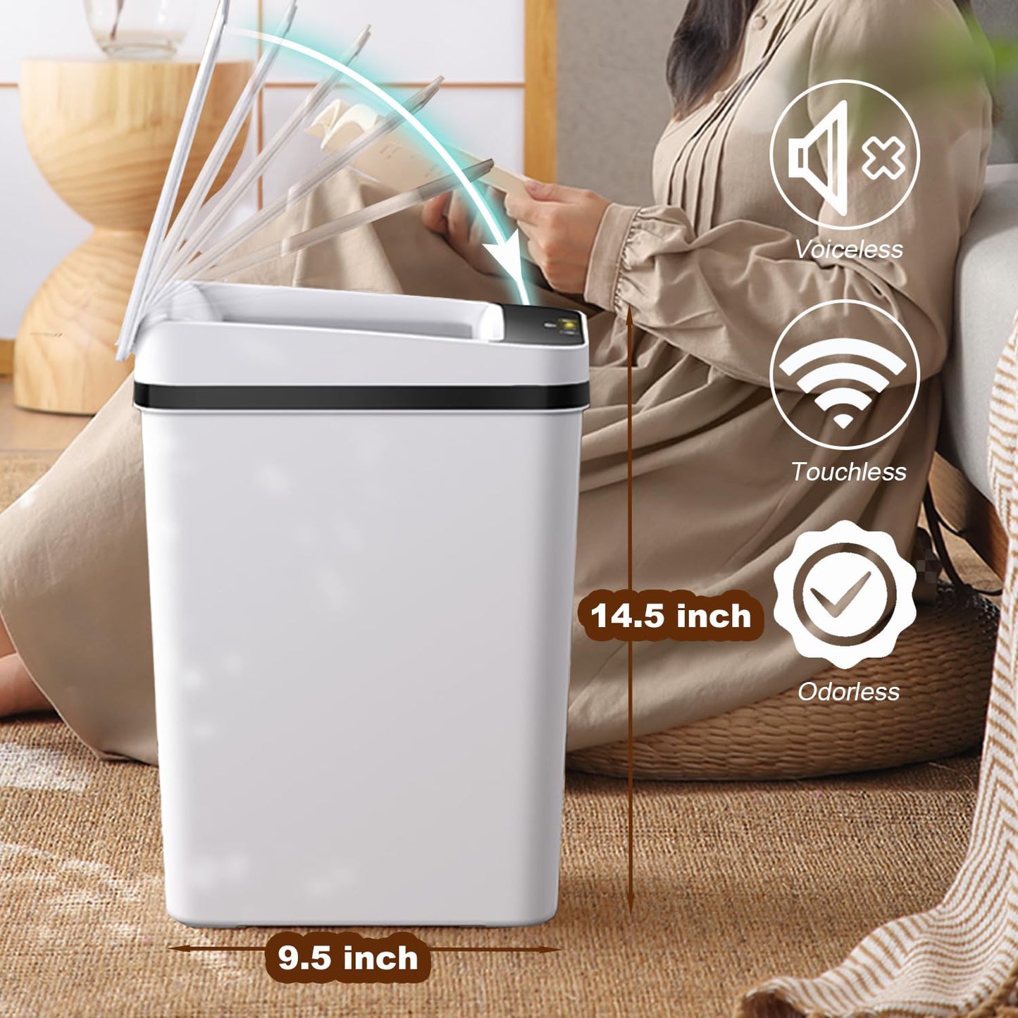 Yatmung Skinny Trash Can Automatic Touchless - 4 Gallons Motion Sensor Bathroom Trash Can - Electric, Slim, Plastic - Narrow Garbage Can with Lid - Thin Smart Trash Bin - 15.5 Liters (White)
