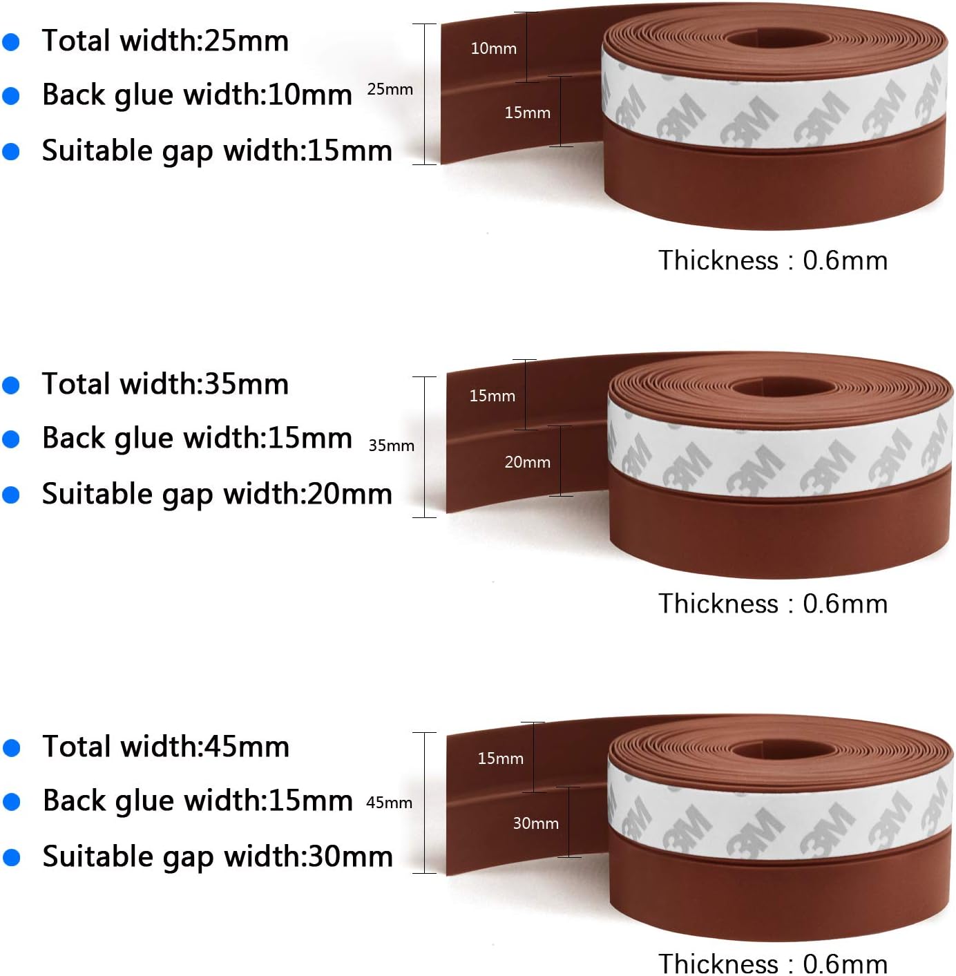 TAROSE Weather Stripping, 33 Ft Adhesive Silicone Tape (Brown, 25MM) - Door & Window Seal