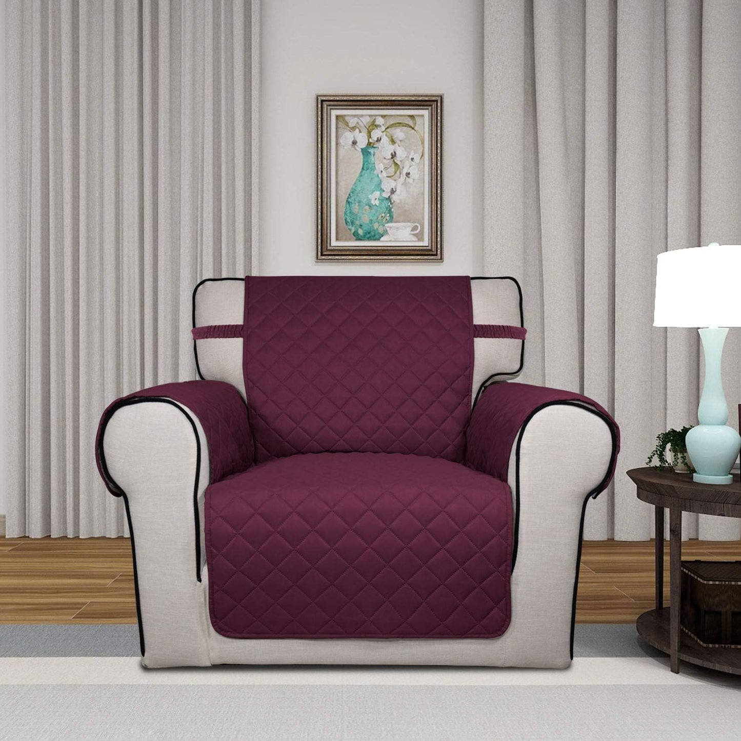 PureFit Reversible Quilted Sofa Cover, Water Resistant Slipcover Furniture Protector, Washable Couch Cover with Non Slip and Elastic Straps for Kids, Dogs, Pets (Chair, Wine/Beige)