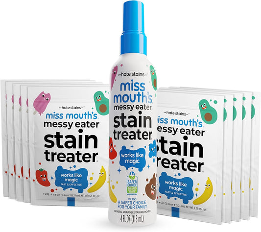 Miss Mouth's Messy Eater Stain Treater Spray - 4oz & 10 Wipes Stain Remover - Newborn & Baby Essentials - No Dry Cleaning Food, Grease, Coffee Off Laundry, Underwear, Fabric