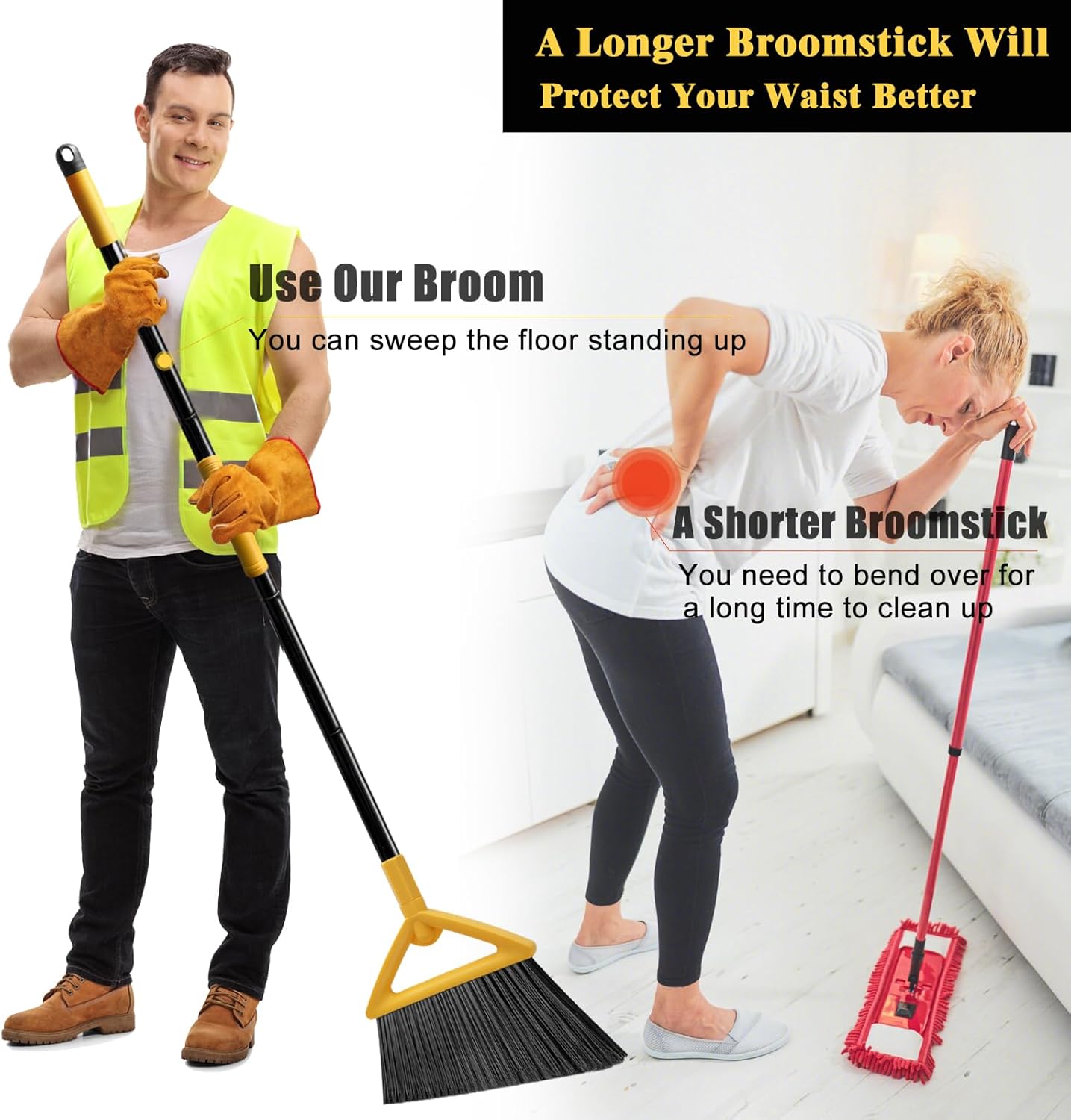Heavy Duty Commercial Broom, Upgraded Angle Broom for Sweeping Indoor and Outdoor, Perfect Yellow Broom of Kitchen, Garage and Courtyard, Livingroom