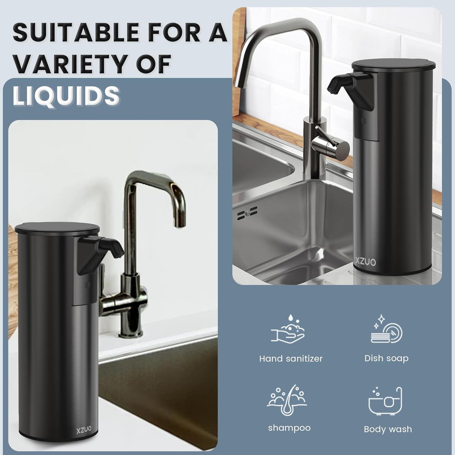 Automatic Soap Dispenser Touchless 11.8oz/350ml Four-Level Adjustable Dispenser Volume，Stainless Steel Material,Battery Powered for Wide Compatibility in Kitchen, Bathroom, Hotel & Office(Black)