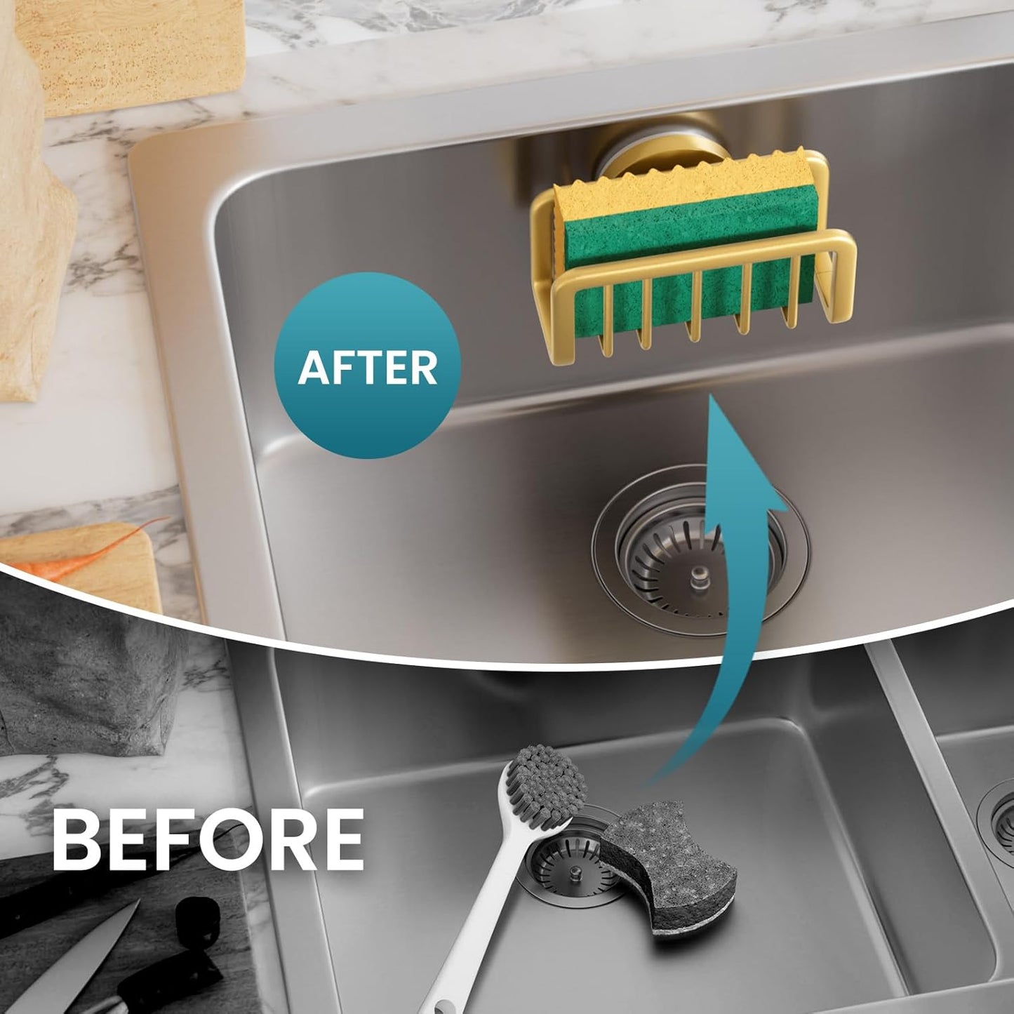 TAILI Sponge Holder for Kitchen Sink with Strong Suction Cup, Rustproof Aluminum Sink Caddy for Sponges, Removable Sponge Holder, Dish Brush for Scraper - Gold