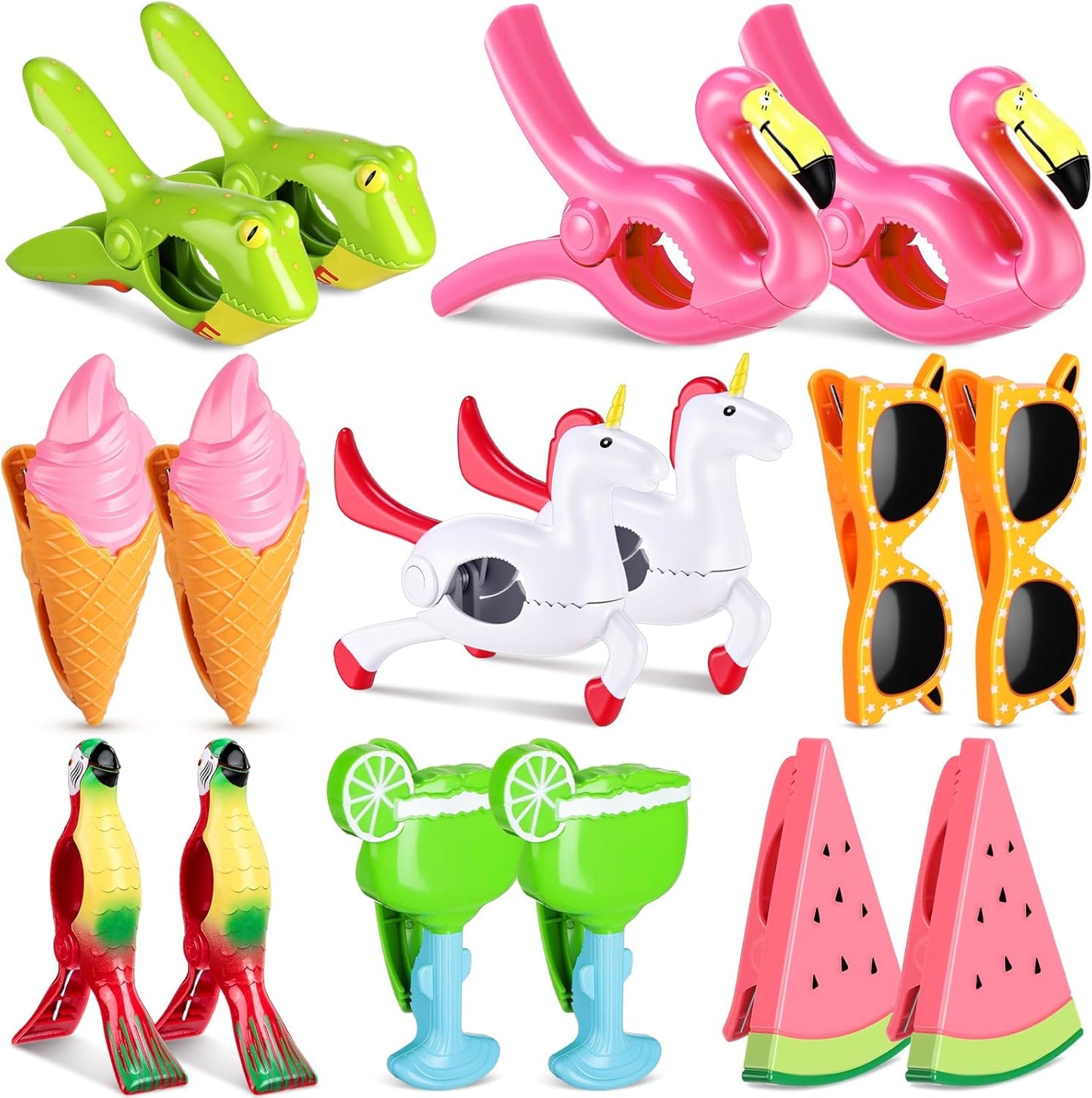 Rtteri 16 Pcs Beach Towel Clips for Beach Chairs Cute Towel Holder Cruise Clothes Pins for Lounge Chair Patio Pool, Assorted Style(Bright)
