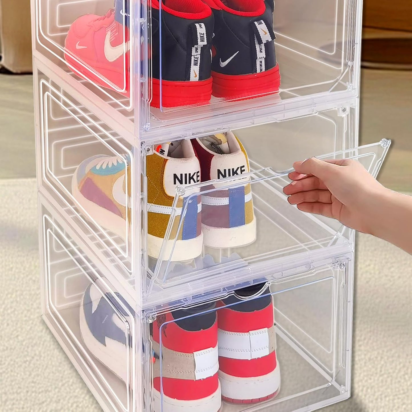 8 Pack Shoes Box Display Case Thicken Shoe Organizer Stackable Boxes for Closet Space-Saving Shoe Rack, Size 13 Clear