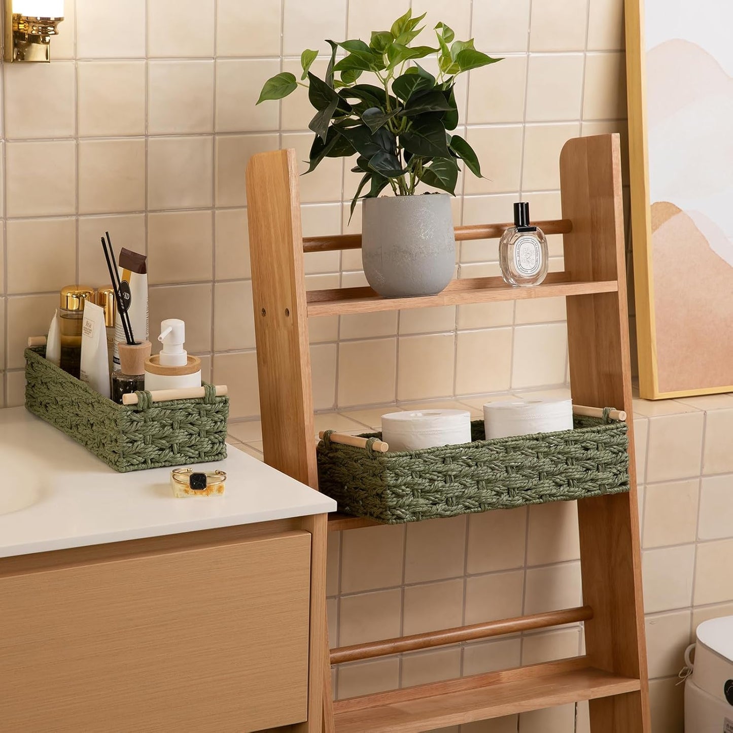 OIAHOMY Toilet Paper Baskets Handmade Paper Rope Decorative Wicker Storage Tank Shelf Cabinet Organizer for Bathroom Home, Set of 2, Green