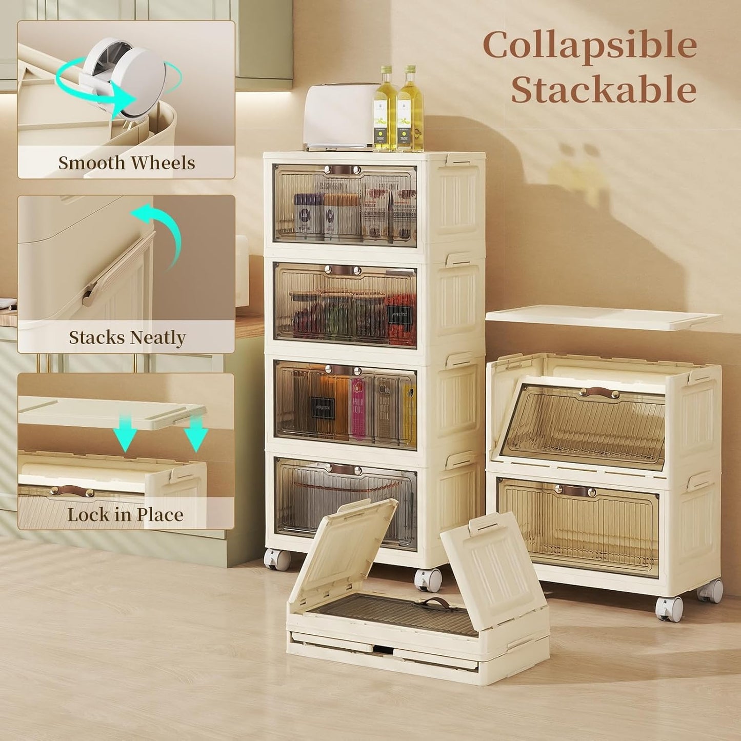 3 Tier - 48QT Storage Bins with Lids, Collapsible Storage Bins with Doors and Wheels, Plastic Storage Cabinet for Easy Storage and Organization for Living Room, Office