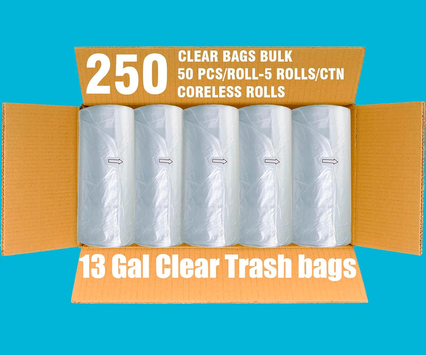 Trash Bags 13 Gallon, 250 Count Bulk, Clear Plastic Recycling Garbage Bags, Multi-purpose Tall Kitchen Trash Bags Can Liners for Business Home Commercial and Industrial