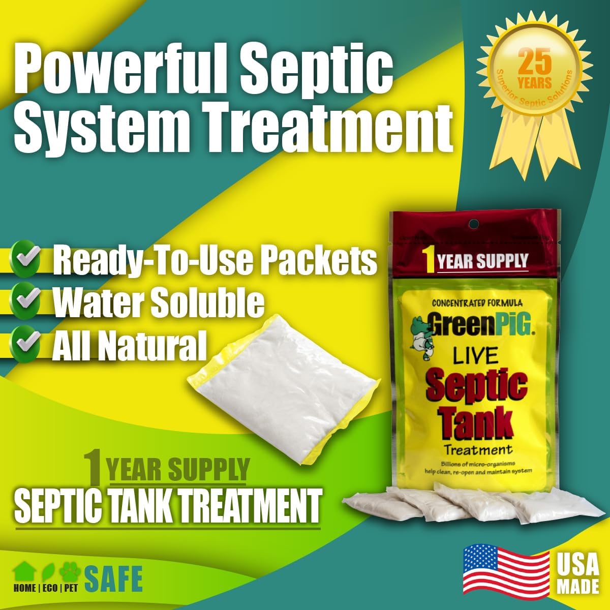 GREEN PIG Septic Tank Treatment Packets, Septic Safe Clog Remover, Prevents Expensive Septic Tank and Drain Field Failures, 4 Pods, 1-Year Supply