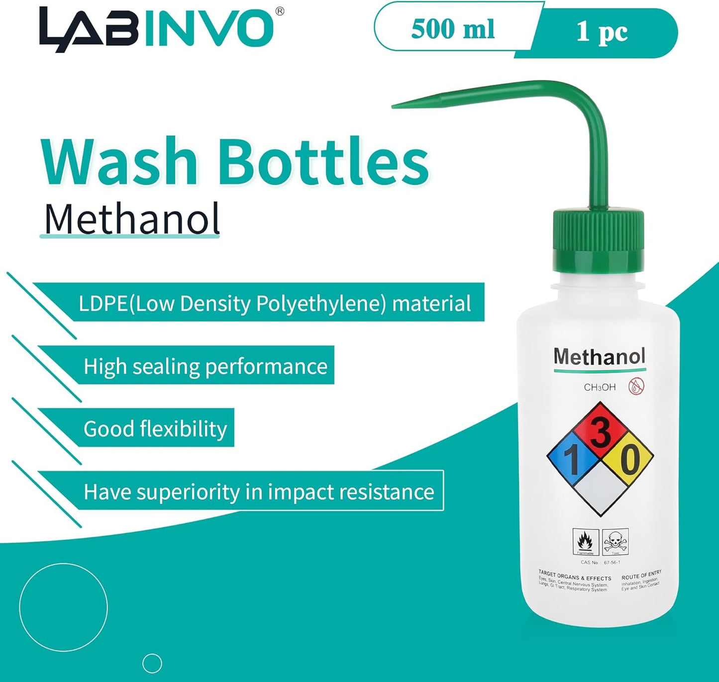 Self-Venting Safety Wash Bottles(Methanol), Pack of 1, With Chemical Name,.Vol.500Ml,Ldpe Material,Cap In Green Color.IN-WBM501