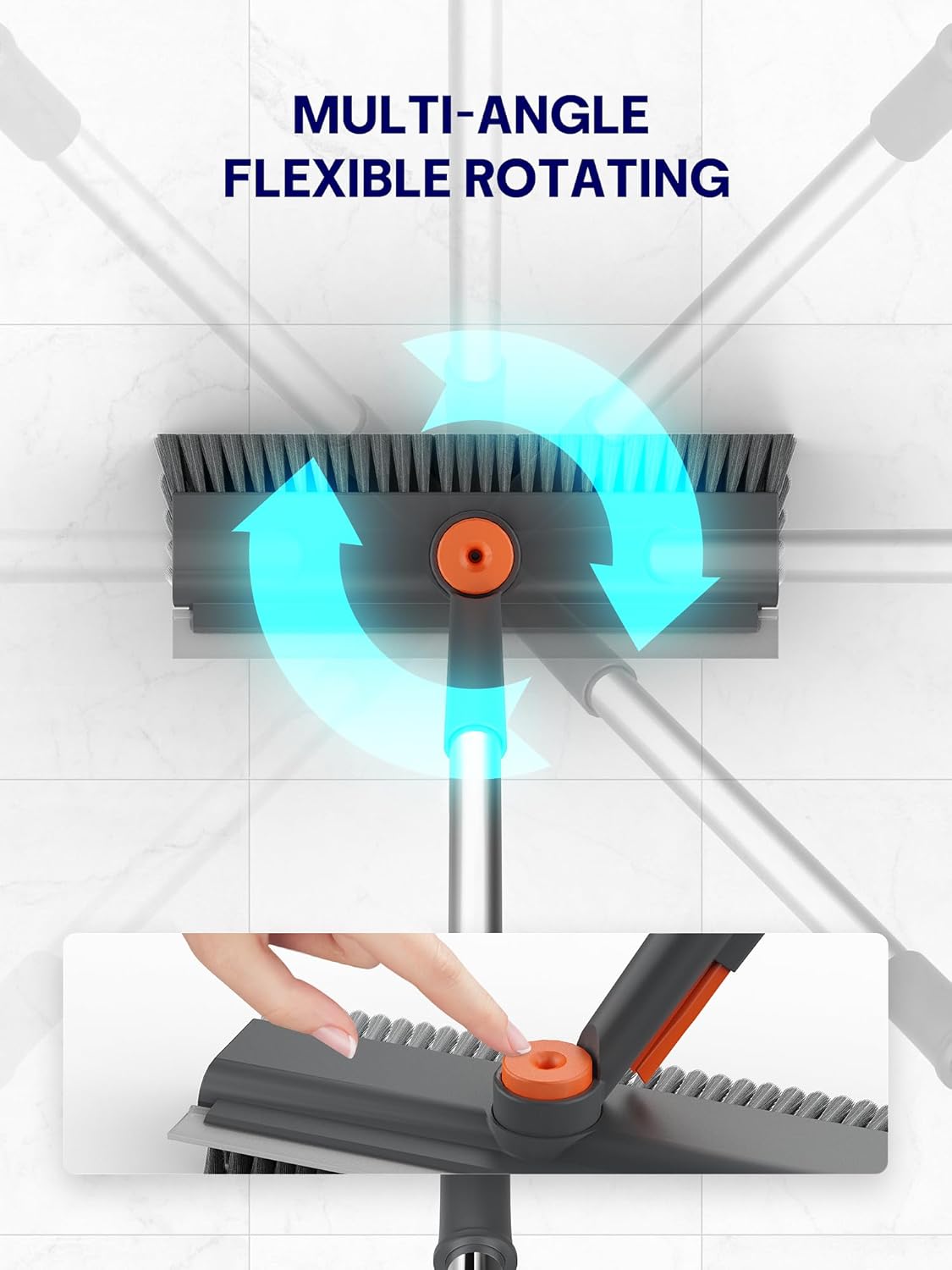 Floor Scrub Brush with Long Handle, 3 in 1 Multi-angle Swivel Right Angled Bristle Floor Scrubber Brush with Squeegee and Tweezer for Cleaning Tile Wall Deck Bathroom Patio Garage Kitchen (Grey)