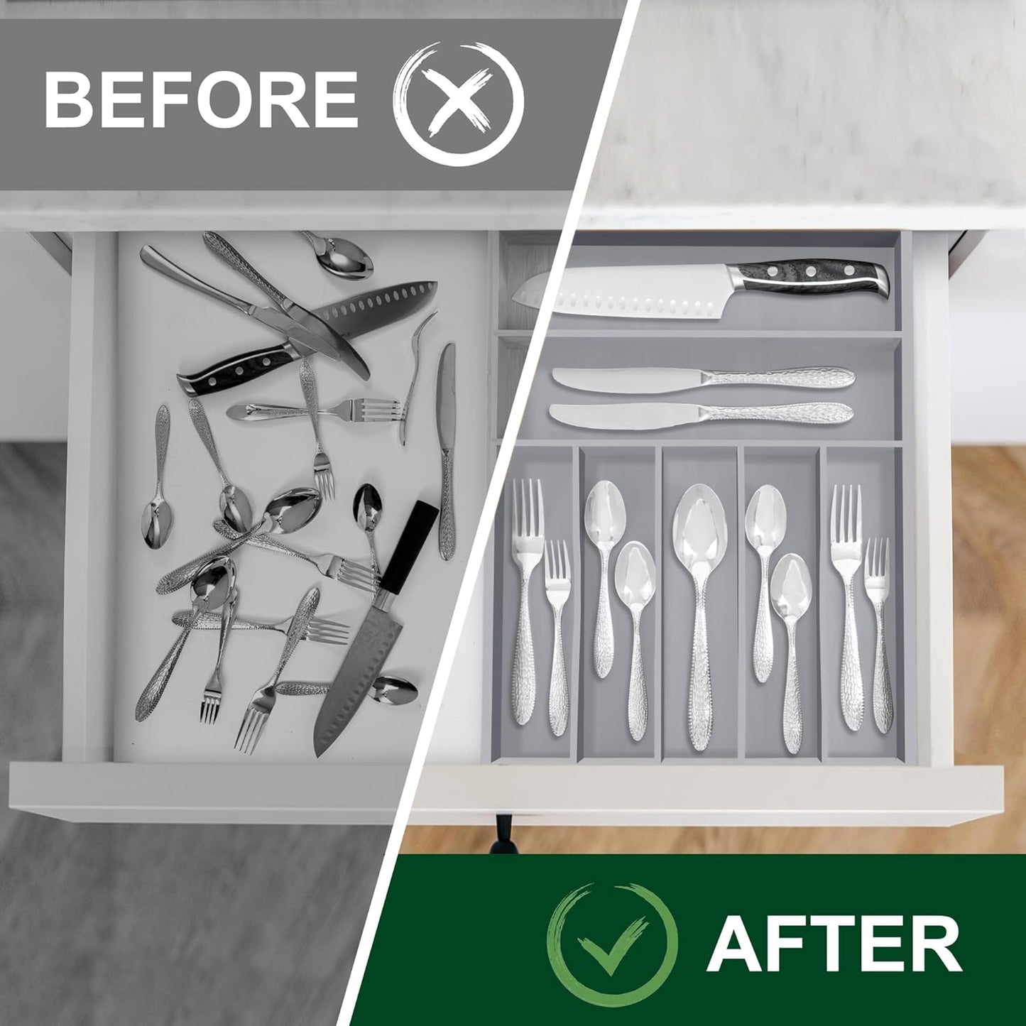 Bellsal Grey Utensil Organizer 12.5 Inch Silverware Tray for Drawer Utensil Holder Cutlery Organizer Kitchen Drawer Organizer 7 Compartment Small Narrow Bamboo