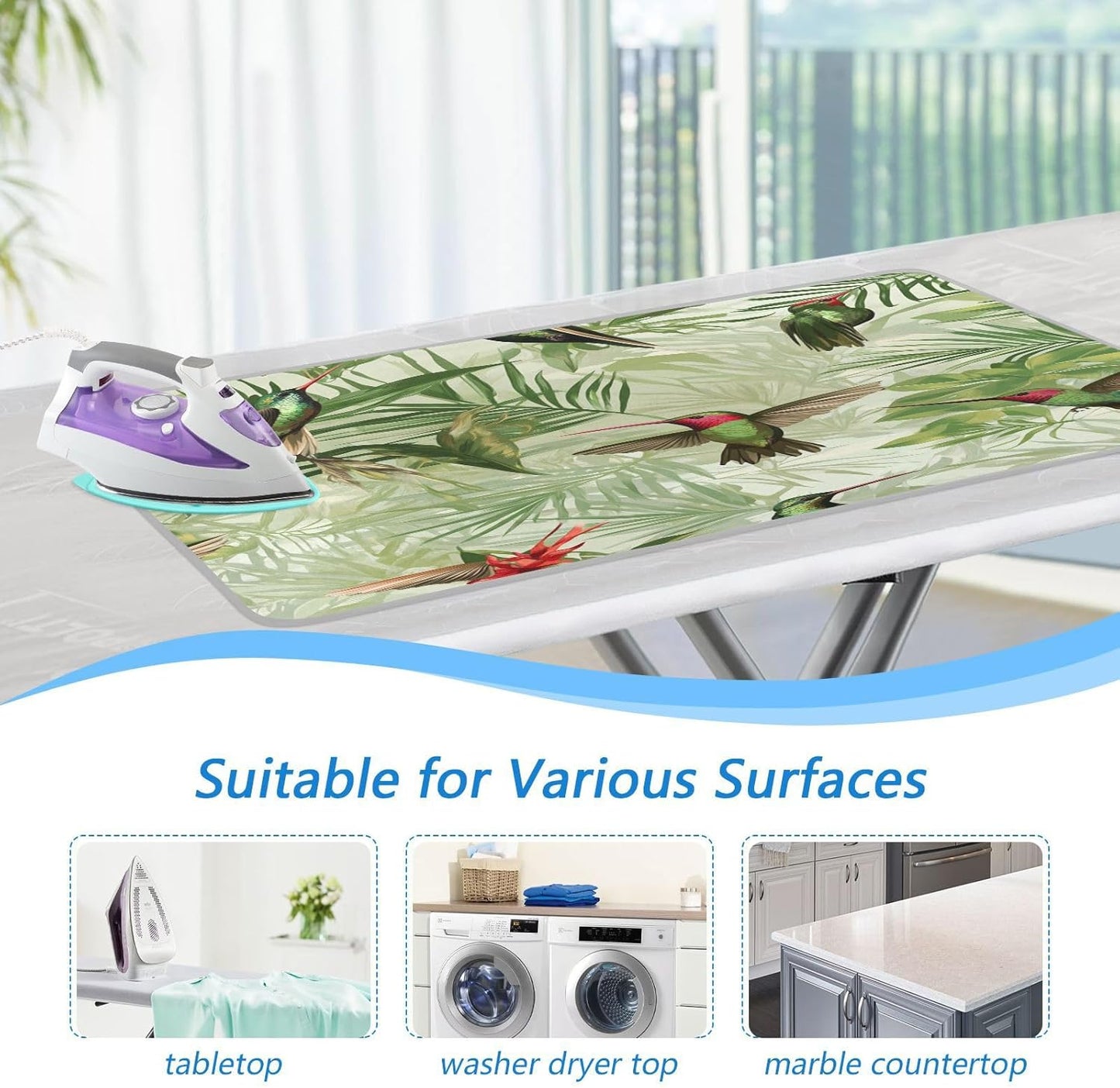 Green Anna Hummingbird and Palm Leaves Ironing Mat Thickened Ironing Blanket Travel Portable Double-Side Using Ironing Pad Travel Isolate Heat Pad Cover for Washer Dryer Table Top Countertop 27
