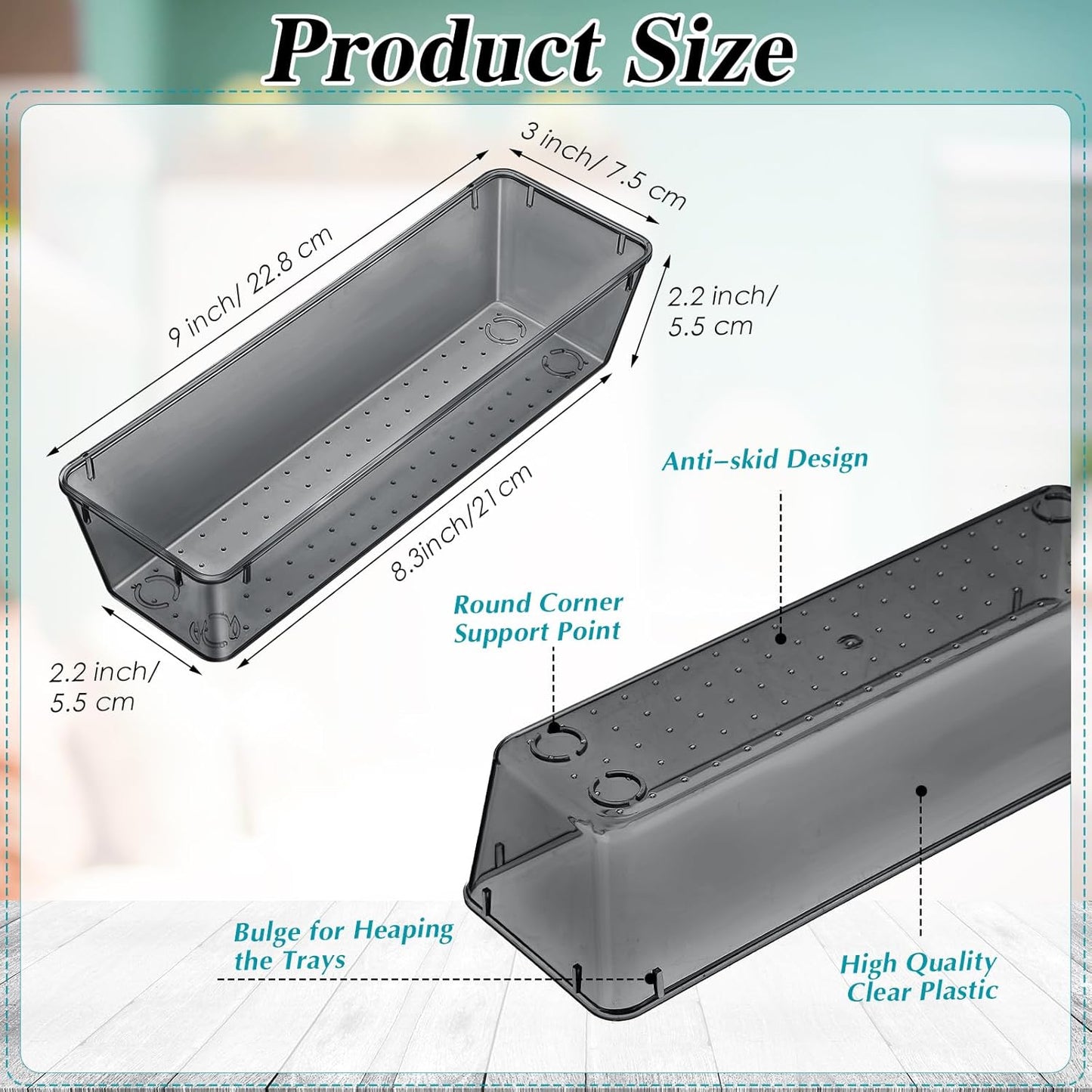 Maitys 12 Pcs Vanity Drawer Organizer 9 x 3 x 2 Inches Clear Plastic Utensil Organizers Kitchen Drawers Dividers for Office Desk Silverware Kitchen Utensils Cosmetics and Bathrooms(Black)