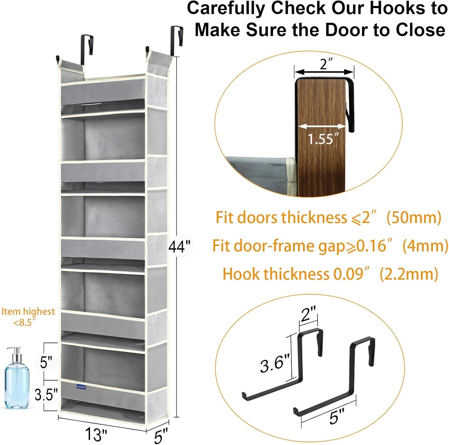 2 Pack Over The Door Hanging Organizer 5-Shelves and 10 Side Pockets, Over The Door Storage for Bathroom and Bedroom, Back of Door Organizers for Baby Products and Kid's Toys(13"x5"x44" Grey)