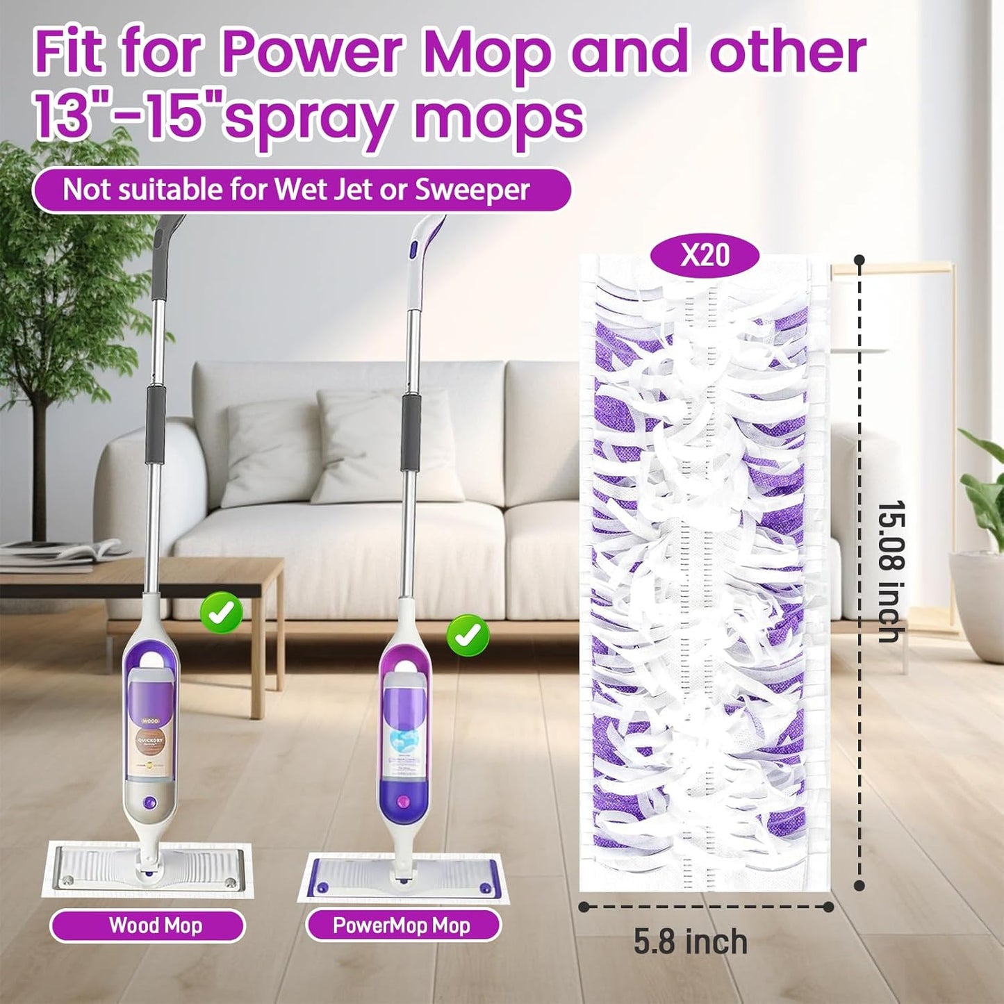 20 Pack Power Mop Pads Refills Compatible with Swiffer Power Mop Refills,Disposable Microfiber Replacement Pads for Swiffer Wet Pads Refill,Non-Washable & Unscented